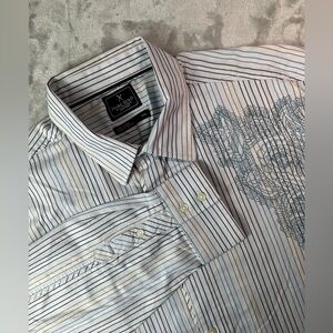 Marc Ecko Shirt Mens 2XL White Striped Button Up Embroidered Dress Casual‎ XXL
